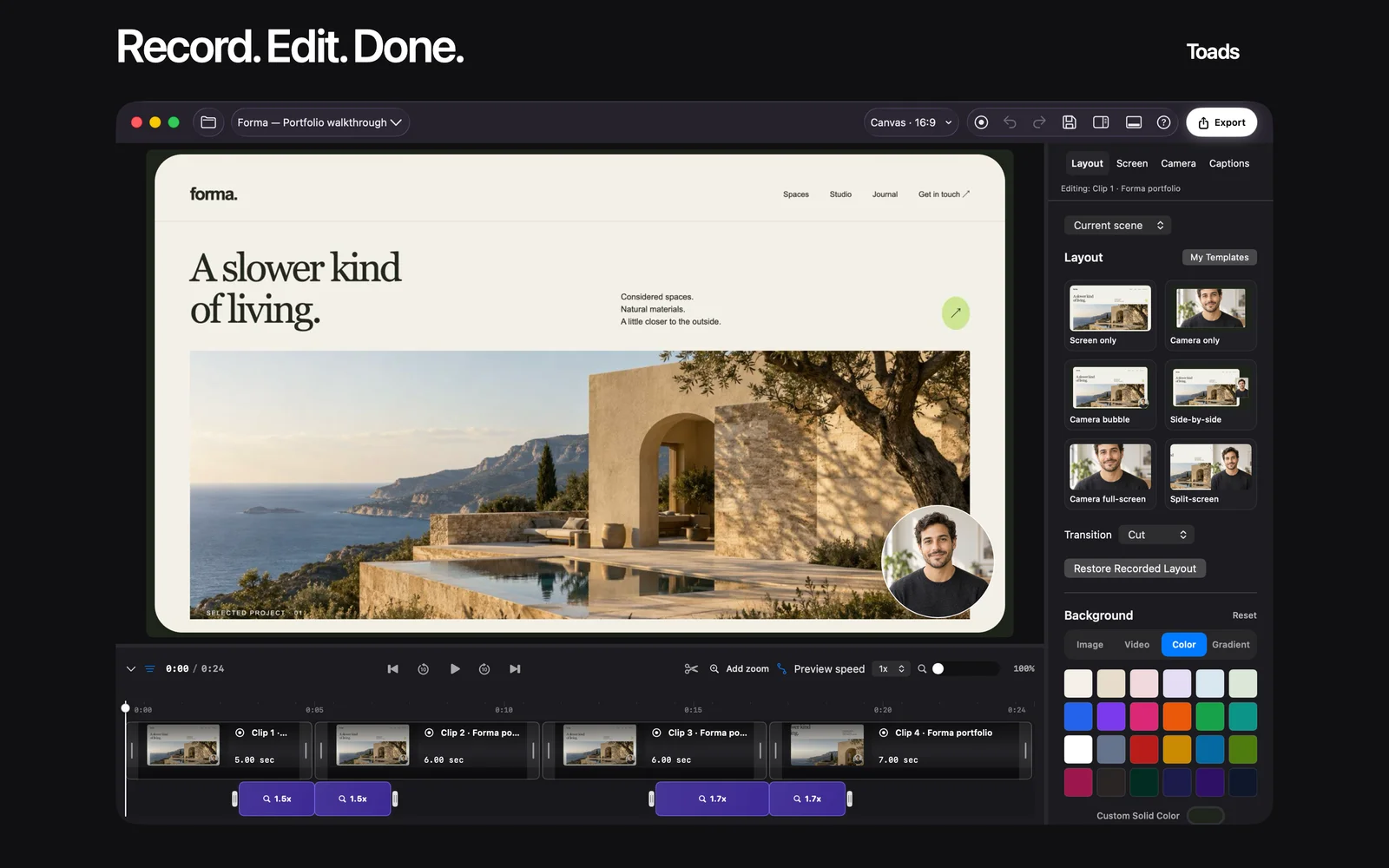Toads editor with a sample recording, timeline, and video preview